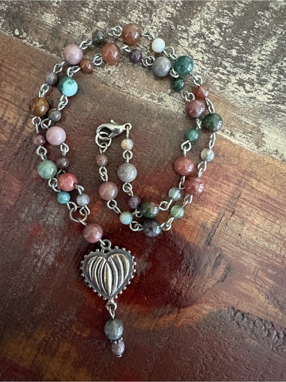 Handcrafted Indian Agate Beaded Necklace, Silver Tone Heart Pendant, Boho